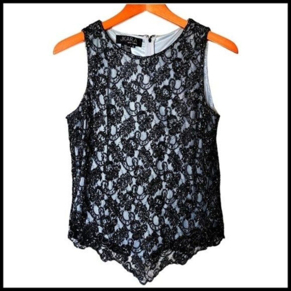 Jkara Tank Top Blouse Beaded Lace L Large Floral Formal Back Zipper